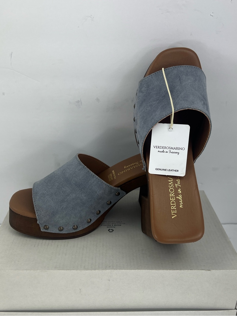 VERDEROSMARIO WOMENS SANDALS, WOODEN HEEL, UPPER LEATHER TEAL COLOR, SIZE 38